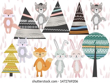 Cute Scandinavian Style Animals and Design Elements. A set of animals in the Scandinavian style: bear, fox, rabbits, cats, wolves. Trees and mountains.