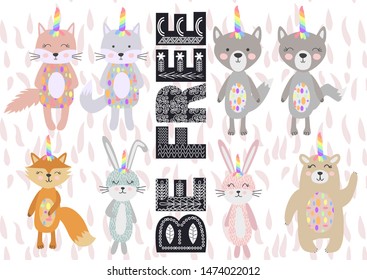 Cute Scandinavian Style Animals and Design Elements. A set of animals in the Scandinavian style: bear, fox, rabbits, cats, wolves. Trees and mountains. Quote Be free in ethnic execution.