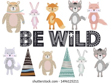 Cute Scandinavian Style Animals and Design Elements. A set of animals in the Scandinavian style: bear, fox, rabbits, cats, wolves. Trees and mountains. Quote Be wild in ethnic execution.