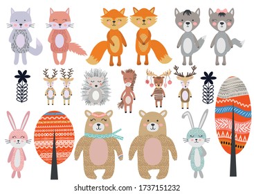 Cute Scandinavian Style Animals and Design Elements. bear, fox, hare, rabbit, hedgehog, deer, elk, cat, wolf horse tree mountain element tree