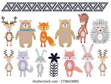 Cute Scandinavian Style Animals and Design Elements. bear, fox, hare, rabbit, hedgehog, deer, elk, cat, wolf horse tree mountain element tree