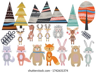 Cute Scandinavian Style Animals and Design Elements. bear, fox, hare, rabbit, hedgehog, deer, elk, cat, wolf horse tree mountain element tree