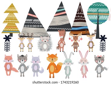 Cute Scandinavian Style Animals and Design Elements. bear, fox, hare, rabbit, hedgehog, deer, elk, cat, wolf horse tree mountain element tree