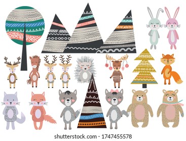 Cute Scandinavian Style Animals and Design Elements. bear, fox, hare, rabbit, hedgehog, deer, elk, cat, wolf horse tree mountain element tree