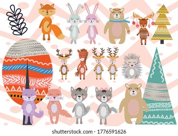 Cute Scandinavian Style Animals and Design Elements. bear, fox, hare, rabbit, hedgehog, deer, elk, cat, wolf horse tree mountain element tree