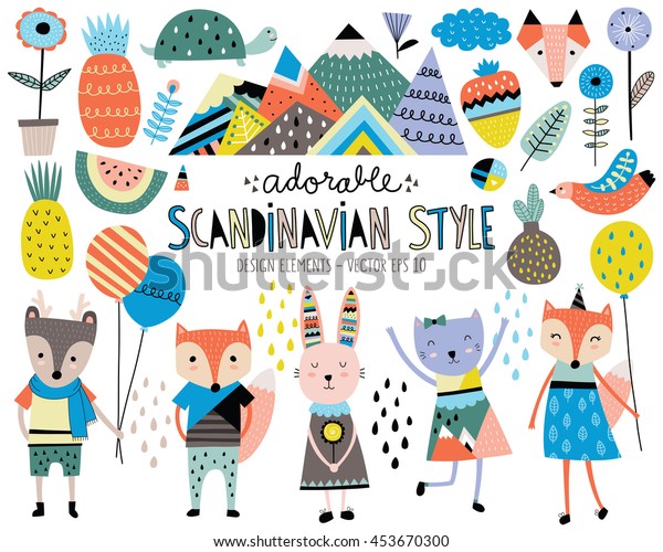 Cute Scandinavian Style Animals and Design\
Elements Vector