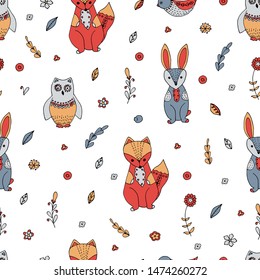 Cute Scandinavian style animals and flowers seamless. hand drawn scandinavian color pattern.