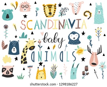 Cute scandinavian style baby animals, plants, flowers and other elements collection. Hand drawn vector illustration.