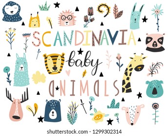 Cute scandinavian style baby animals, plants, flowers and other elements collection. Hand drawn vector illustration.