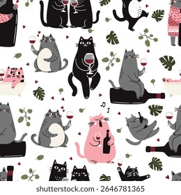 Gatos de estilo escandinavo bonito com um copo e uma garrafa de vinho, cantando e tomando um banho folhas monstera e plantas verdes. Padrão de vetor uniforme em um estilo simples infantil. 