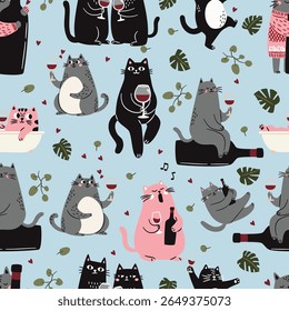 Cute Scandinavian style cats with a glass and a bottle of wine, singing and taking a bath monstera leaves and green plants. Seamless vector pattern in a simple childish style. 