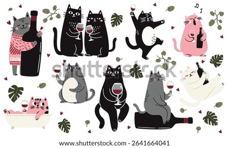 Cute Scandinavian style cats with a glass and a bottle of wine, singing and taking a bath monstera leaves and green plants. Flat vector illustrations on white background 