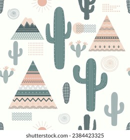 Cute Scandinavian style children's seamless pattern, cactus, painted mountains, sun, ornaments . Kids wallpaper design. Children's room design, wall decor.