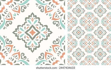 Cute scandinavian style ethnic seamless pattern. Hugge and calm hand drawn design. Moroccan tile. Mexican Spanish Talavera. Endless swatch with arabesque.