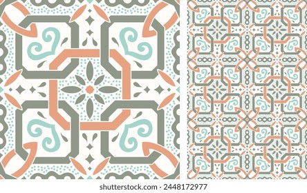 Cute scandinavian style ethnic seamless pattern. Hugge and calm hand drawn design. Moroccan tile. Mexican Spanish Talavera. Endless swatch with arabesque.