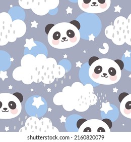 cute scandinavian style panda bear on a pastel purple seamless background, kids pattern with zoo animals, woodland childish night sky fabric and textile, wrapping paper design