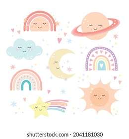 Cute Scandinavian style rainbow and sky objects for baby shower. Flat vector cartoon design