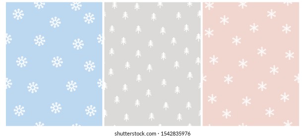 Cute Scandinavian Style Winter Vector Pattern with White Trees and Snowflakes Isolated on a Blue, Gray and Light Pink Background. Simple Pastel Color Winter Forest Vector Print and Snowy Sky Design.