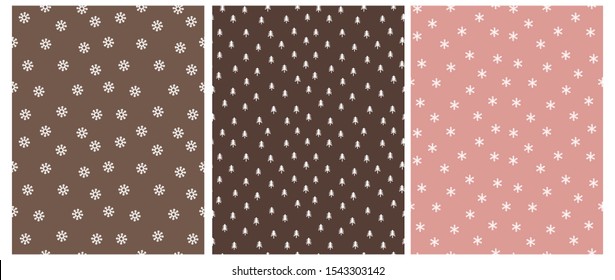 Cute Scandinavian Style Winter Vector Pattern With White Trees And Snowflakes Isolated On A Brown And Pale Pink Background. Simple Winter Forest Vector Print And Snowy Sky Design. Christmas Prints.