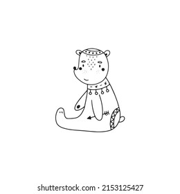 Cute scandinavian teddy bear in doodle style. Vector illustration in black and white on a white background for your design