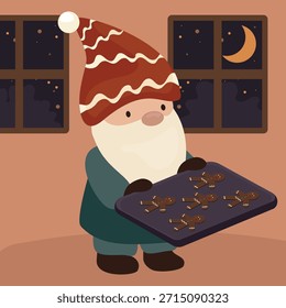 Cute Scandinavian tomte gnome baking gingerbread cookies at night with a warm window-lit background.