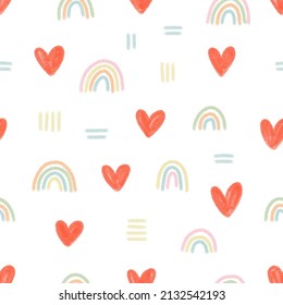 Cute Scandinavian vector pattern on a white background. Pastel rainbows, bright hearts and sticks in watercolor children's style for textiles, decor, wrappers, postcards, background, interior, kids