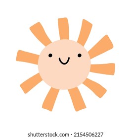 Cute scandinavian vector sun in boho style in baby pastel colors, simple applique, flat design. Smiling nursery sun, baby shower, birthday. illustration isolated on white background.