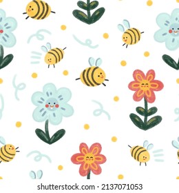 Cute Scandinavian watercolor vector pattern with cartoon flowers and bees on a white background. Delicate spring print for babies, newborns, textiles, decor, postcards, wrappers, interior