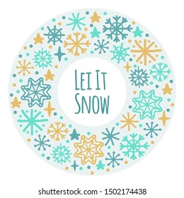 Cute Scandinavian Winter frame background with hand drawn snowflakes for your decoration