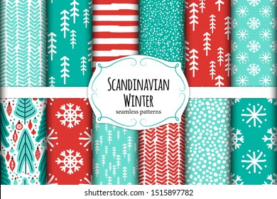 Cute Scandinavian Winter Seamless Patterns Set With Hand Drawn Elements For Your Decoration, Vector Illustration