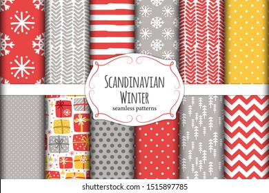 Cute Scandinavian Winter seamless patterns set with hand drawn elements for your decoration, vector illustration