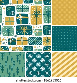 Cute Scandinavian Winter seamless patterns set with hand drawn elements for your decoration, vector illustration