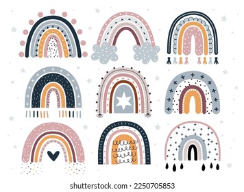 Cute Scandy rainbows for your design, childish hand drawn elements. Nursery theme, Vector illustration.