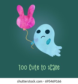 Too cute to scare. Adorable ghost with pink bunny balloon. Children cartoon style. Poster or postcard design. Watercolour imitation