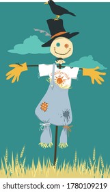 Cute scarecrow in California souvenir tee shirt standing in a wheat field, EPS 8 vector illustration