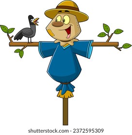 Cute Scarecrow Cartoon Character With Crow Bird. Vector Hand Drawn Illustration Isolated On Transparent Background