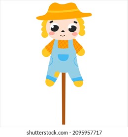Cute scarecrow character in cartoon style isolated on white background for children books illustrations or posters, farm or harvesting concept element