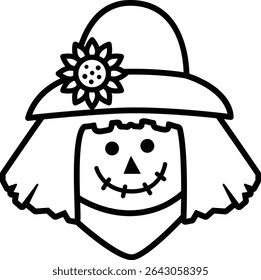 Cute scarecrow head thick outline icon.
Scarecrow face black line Flat Vector isolated.
Transparent background.