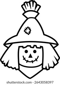 Cute scarecrow head thick outline icon.
Scarecrow face black line Flat Vector isolated.
Transparent background.