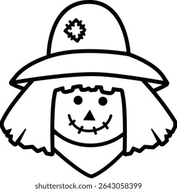 Cute scarecrow head thick outline icon.
Scarecrow face black line Flat Vector isolated.
Transparent background.