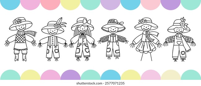 Cute scarecrow illustrations in line art, black and white outlines of whimsical scarecrows in hats and outfits, cute farm characters.