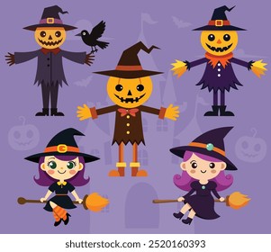 Cute scarecrow and little witch riding a broom, Happy Halloween, vector illustration