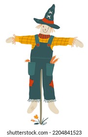 Cute scarecrow on pole. Hand drawn illustration for Scarecrow festival. Vector