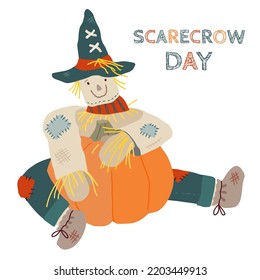 Cute scarecrow with pumpkin. Hand drawn illustration for Scarecrow festival. Vector