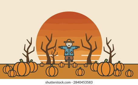 Cute scarecrow standing in a pumpkin patch at sunset, perfect for autumn harvest and Halloween celebrations.