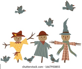Cute scarecrows and crow birds hand-drawn vector illustration isolated on white background. Cartoon farming illustration for kids 