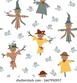 Cute scarecrows with crow birds hand-drawn vector seamless pattern. Cartoon farming kids background for wrapping paper, fabric, textile, wallpaper