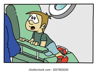 Cute scared boy, child, kid, at the dentist. Hand drawn cartoon style vector illustration.