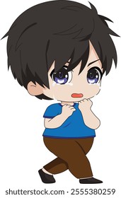 Cute scared boy running away crying chibi character vector