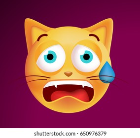 Cute Scared Emoticon Cat on Dark Background. Isolated Vector Illustration 